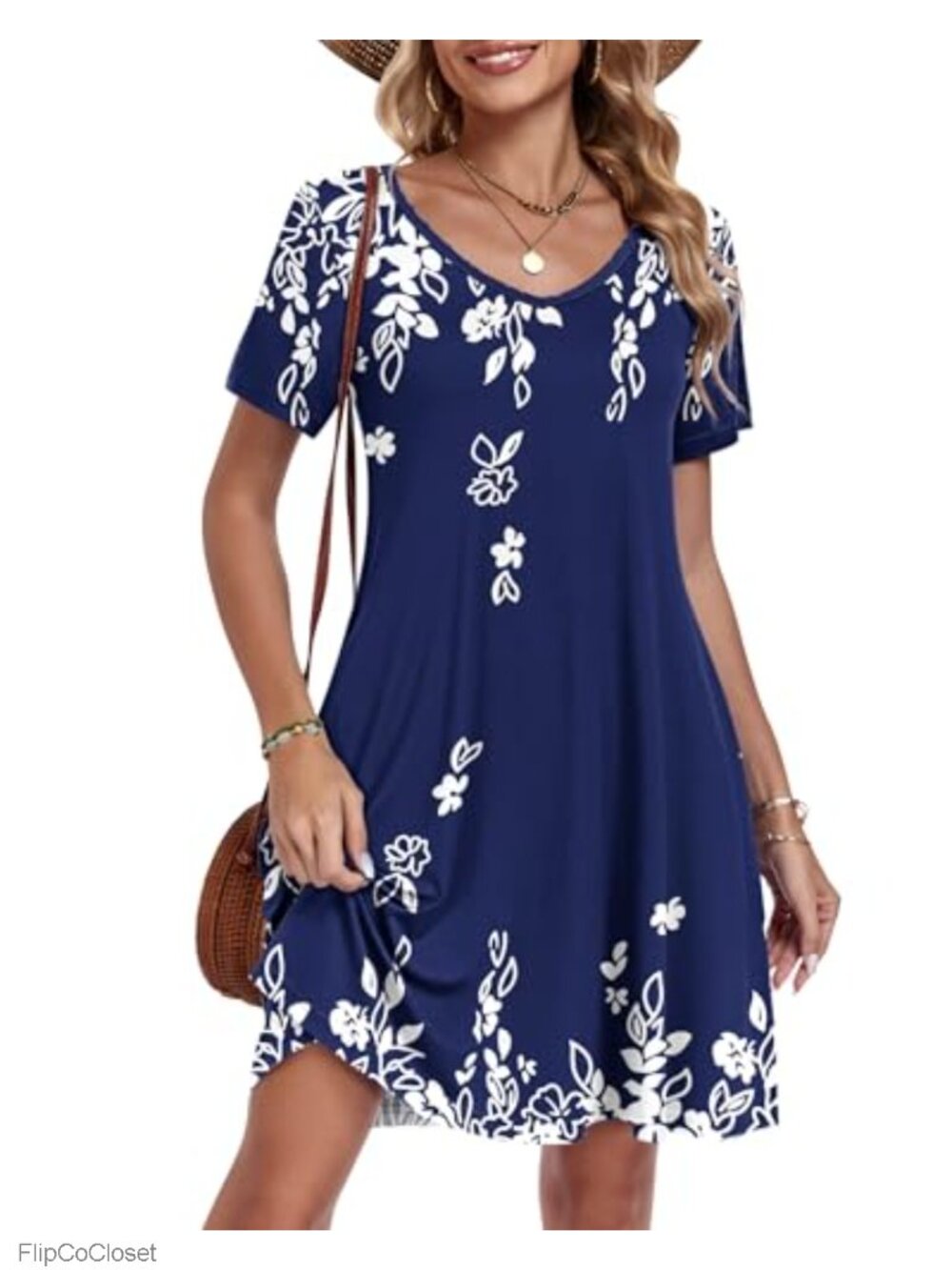 Women's Short Sleeve V-Neck Swing Dress with Pockets